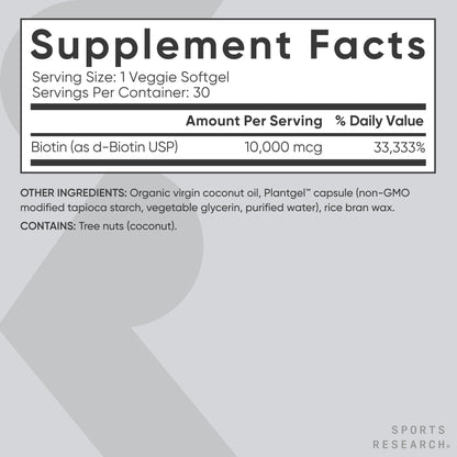 Sports Research® Biotin 10,000mcg with Organic Coconut Oil - Biotin (Vitamin B7) for Healthy Skin and Hair Support* - for Women and Men - Vegan, Non-GMO, Gluten & Soy-Free - 30 Veggie Softgels - Maple Wellness Supplements