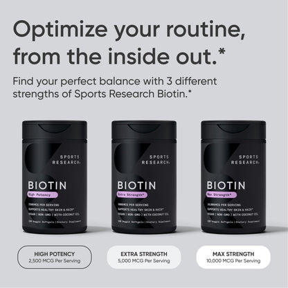 Sports Research® Biotin 10,000mcg with Organic Coconut Oil - Biotin (Vitamin B7) for Healthy Skin and Hair Support* - for Women and Men - Vegan, Non-GMO, Gluten & Soy-Free - 30 Veggie Softgels - Maple Wellness Supplements
