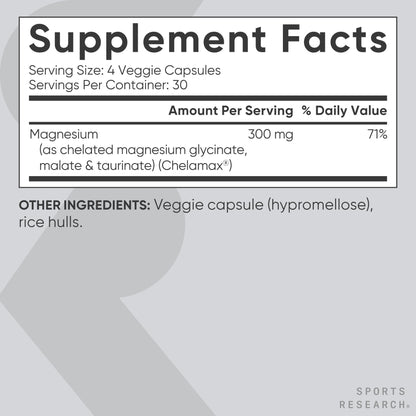 Sports Research® Chelated Triple Magnesium Complex with Glycinate, Taurinate & Malate (Chelamax®) for Enhanced Bioavailability* - 300 mg per Serving, Non-GMO, Certified Vegan, 120 Veggie Capsules - Maple Wellness Supplements