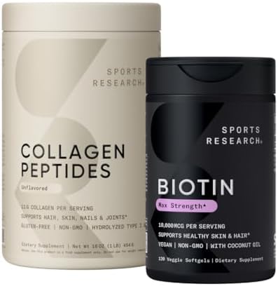 Sports Research® Collagen Peptides for Women & Men Hydrolyzed Type 1 & 3 Protein Supplement Easy Mixing Vital Nutrients Proteins and Vegan Biotin 10,000mcg Max Strength B7 120 Softgels (4 Month Supply - Maple Wellness Supplements