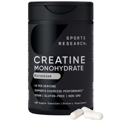 Sports Research® Creatine Monohydrate Capsules - Supports Workout Recovery, Lean Muscle gain, Performance and Strength* - Non-GMO, Vegan Certified - 5g per Servings - 30 Servings - Maple Wellness Supplements