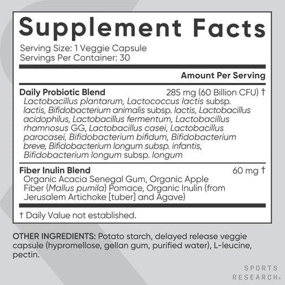 Sports Research Daily Probiotics with Prebiotics, 60 Billion CFU - Vegan Capsules for Gut Health & Digestive Support, Probiotics for Women & Men - Maple Wellness Supplements