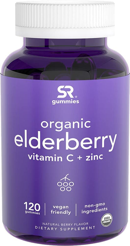 Sports Research Elderberry Gummies Concentrate with Vitamin C, Zinc & Probiotics for Immune Support & Gut Health | USDA Organic, Vegan Certified & Non-GMO Verified (120 Gummies) - Maple Wellness Supplements