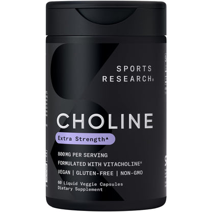 Sports Research ® Extra Strength Choline 800 mg - Essential Nutrient Featuring VitaCholine ® for Focus Support - Vegan Certified • Non-GMO • Gluten Free - 60 Liquid Capsules - Maple Wellness Supplements