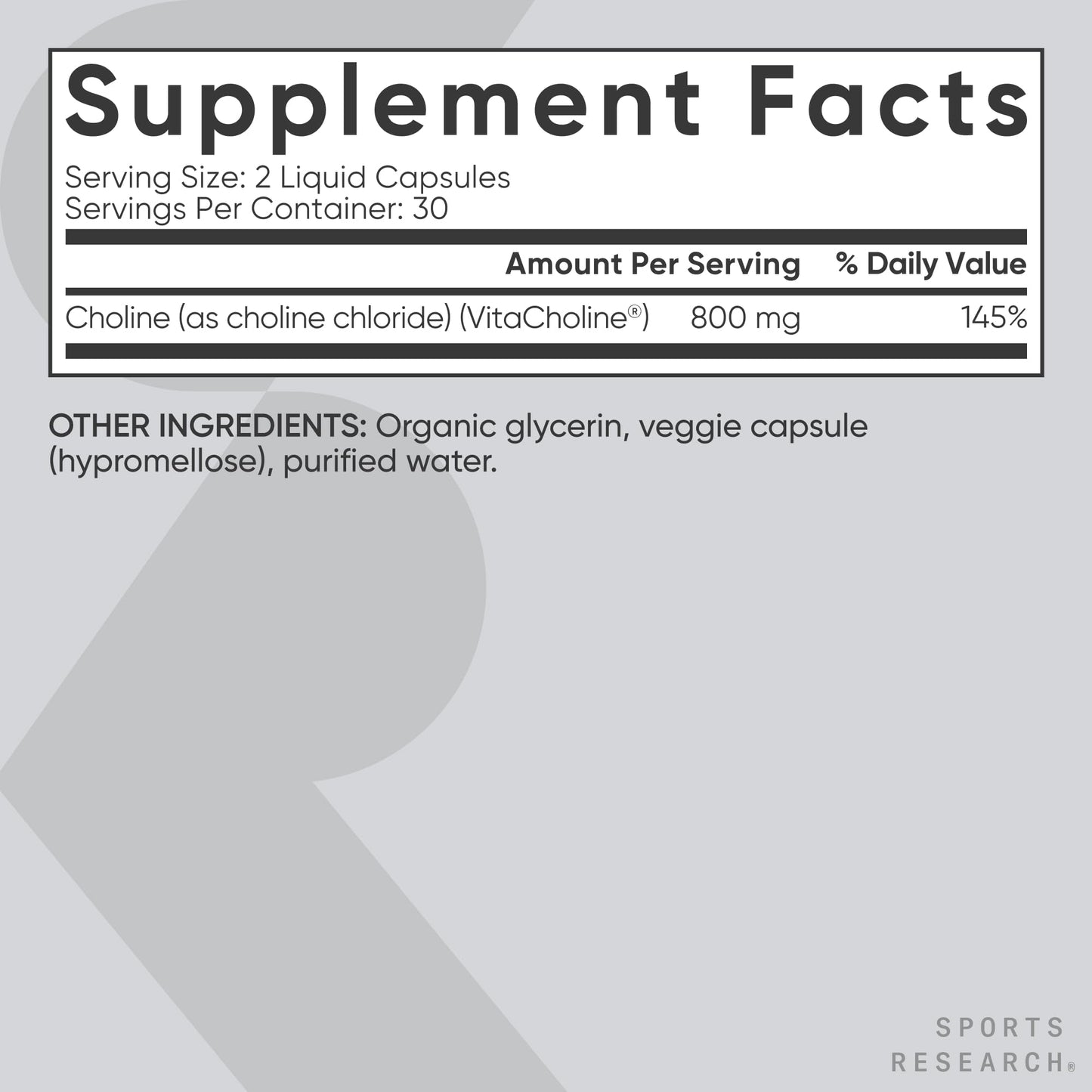 Sports Research ® Extra Strength Choline 800 mg - Essential Nutrient Featuring VitaCholine ® for Focus Support - Vegan Certified • Non-GMO • Gluten Free - 60 Liquid Capsules - Maple Wellness Supplements