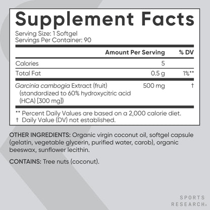 Sports Research Garcinia Cambogia Extract (60% HCA) with Extra Virgin Organic Coconut Oil | Non-GMO, Soy & Gluten Free (90 Liquid Softgels) - Maple Wellness Supplements