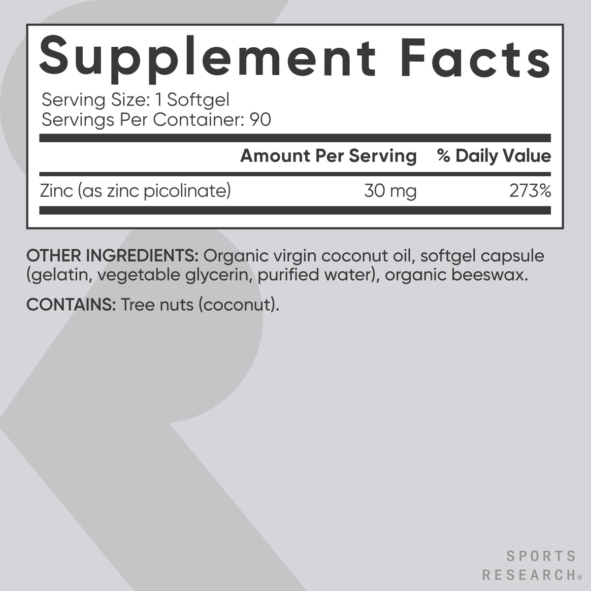 Sports Research High Potency Zinc Picolinate 30mg with Organic Coconut Oil | Highly Absorbable Zinc Supplement for Healthy Immune & Enzyme Function - Maple Wellness Supplements