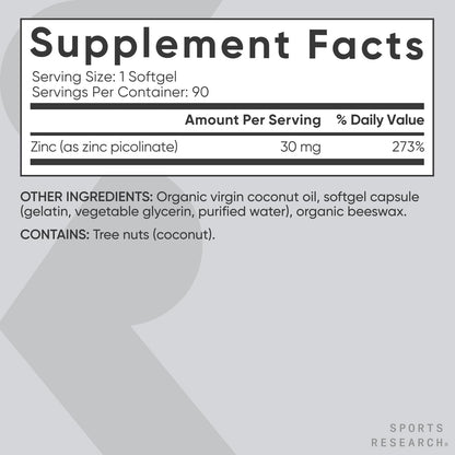 Sports Research High Potency Zinc Picolinate 30mg with Organic Coconut Oil | Highly Absorbable Zinc Supplement for Healthy Immune & Enzyme Function - Maple Wellness Supplements