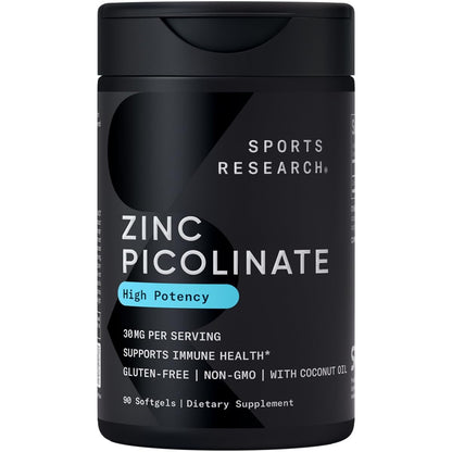 Sports Research High Potency Zinc Picolinate 30mg with Organic Coconut Oil | Highly Absorbable Zinc Supplement for Healthy Immune & Enzyme Function - Maple Wellness Supplements