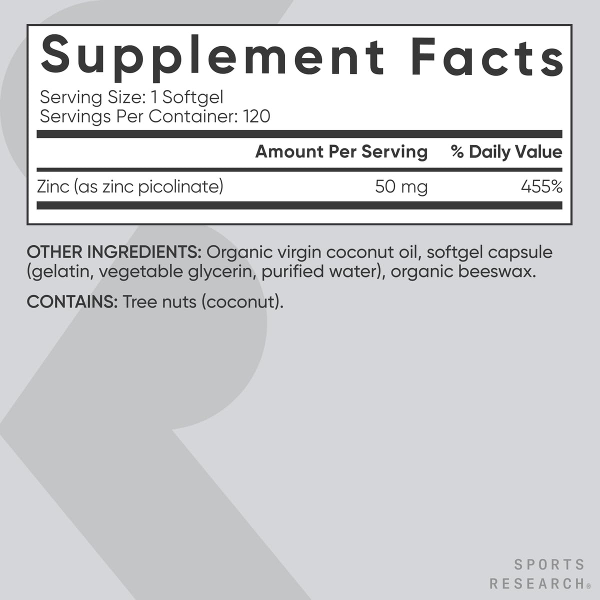 Sports Research High Potency Zinc Picolinate 50mg with Organic Coconut Oil | Highly Absorbable Zinc Supplement for Healthy Immune & Enzyme Function - Non-GMO Tested & Gluten-Free (120 Liquid Softgels) - Maple Wellness Supplements