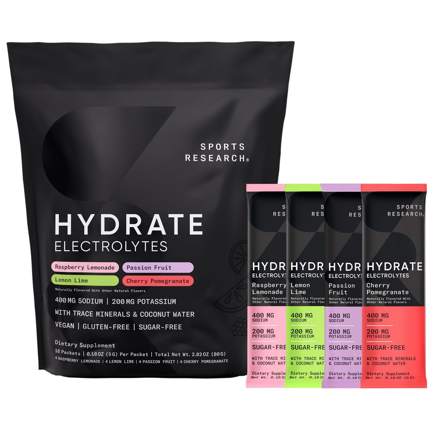 Sports Research® Hydrate Electrolytes Powder Packets - Sugar-Free & Naturally Flavored with Vitamins, Minerals, and Coconut Water - Supports Hydration - 16 Packets - Variety Pack - Maple Wellness Supplements