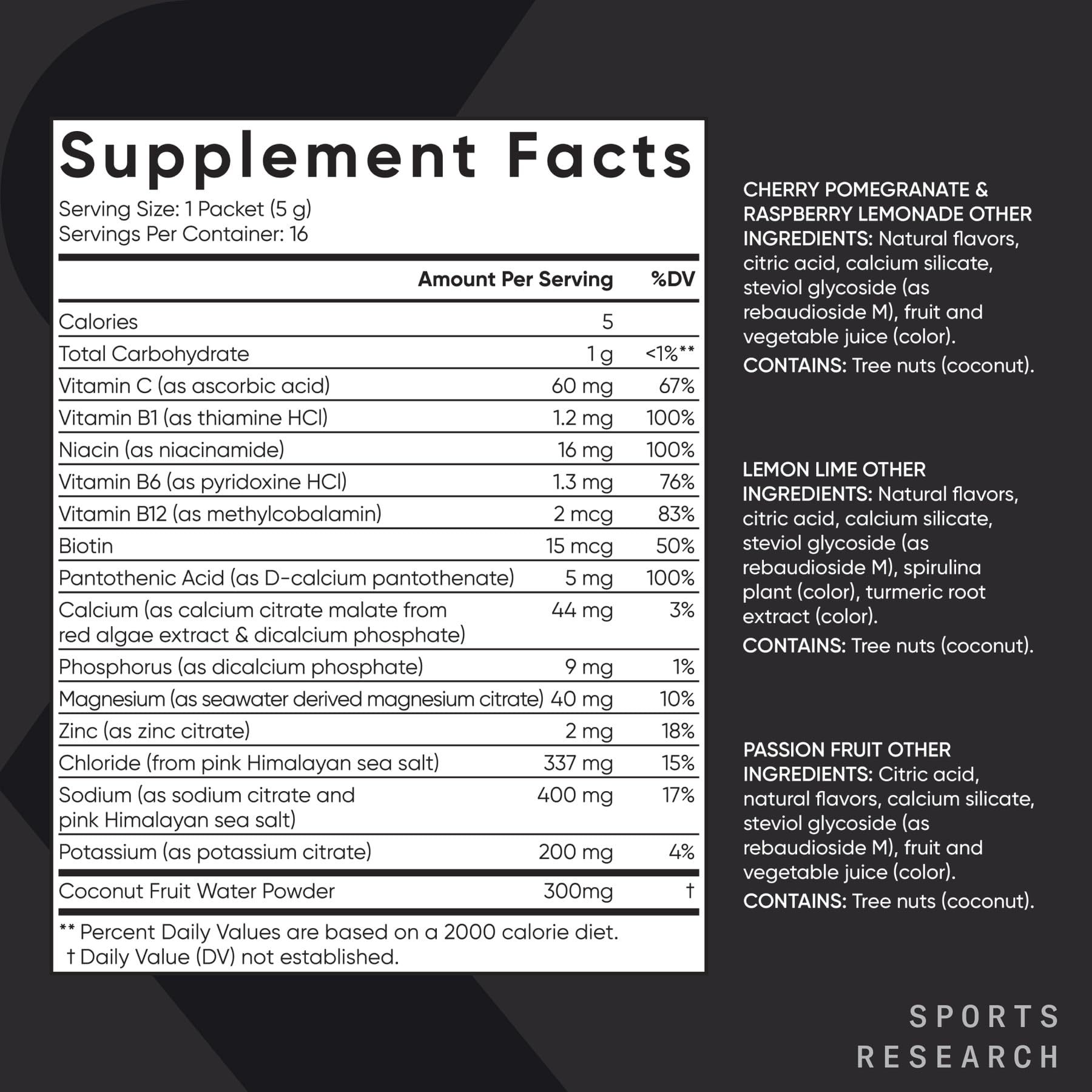 Sports Research® Hydrate Electrolytes Powder Packets - Sugar-Free & Naturally Flavored with Vitamins, Minerals, and Coconut Water - Supports Hydration - 16 Packets - Variety Pack - Maple Wellness Supplements