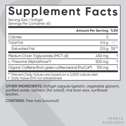 Sports Research L-Theanine Supplement with Caffeine & Coconut MCT Oil - Focused Energy, Alertness & Relaxation Without Drowsiness - 200mg L Theanine, 100mg Organic Caffeine - 60 Liquid Softgels - Maple Wellness Supplements