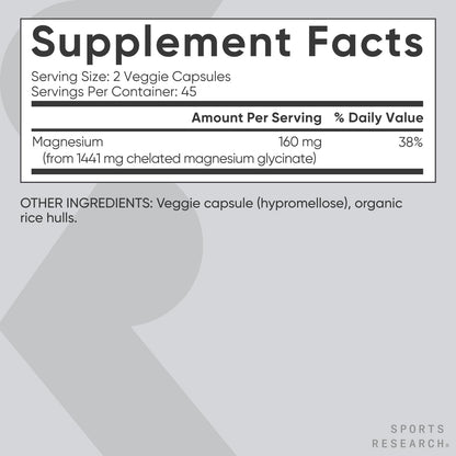 Sports Research® Magnesium Glycinate - Supports Restful Sleep & Enzymatic Processes - 160 mg Chelated Magnesium - Vegan Capsule - 90 Count - Maple Wellness Supplements