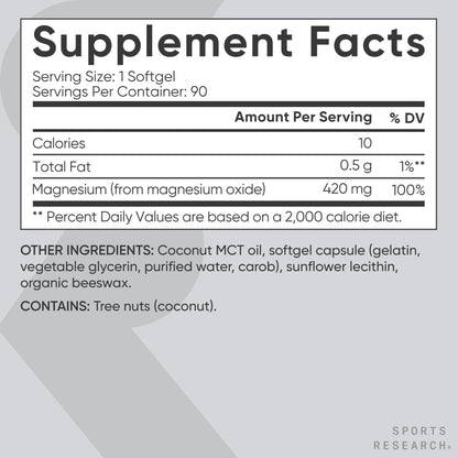 Sports Research® Magnesium Oxide 420mg with Coconut MCT Oil - Magnesium Supplement for Muscle, Nerve, and Bone Support* - Gluten-Free, Non-GMO - 90 Softgels - Maple Wellness Supplements