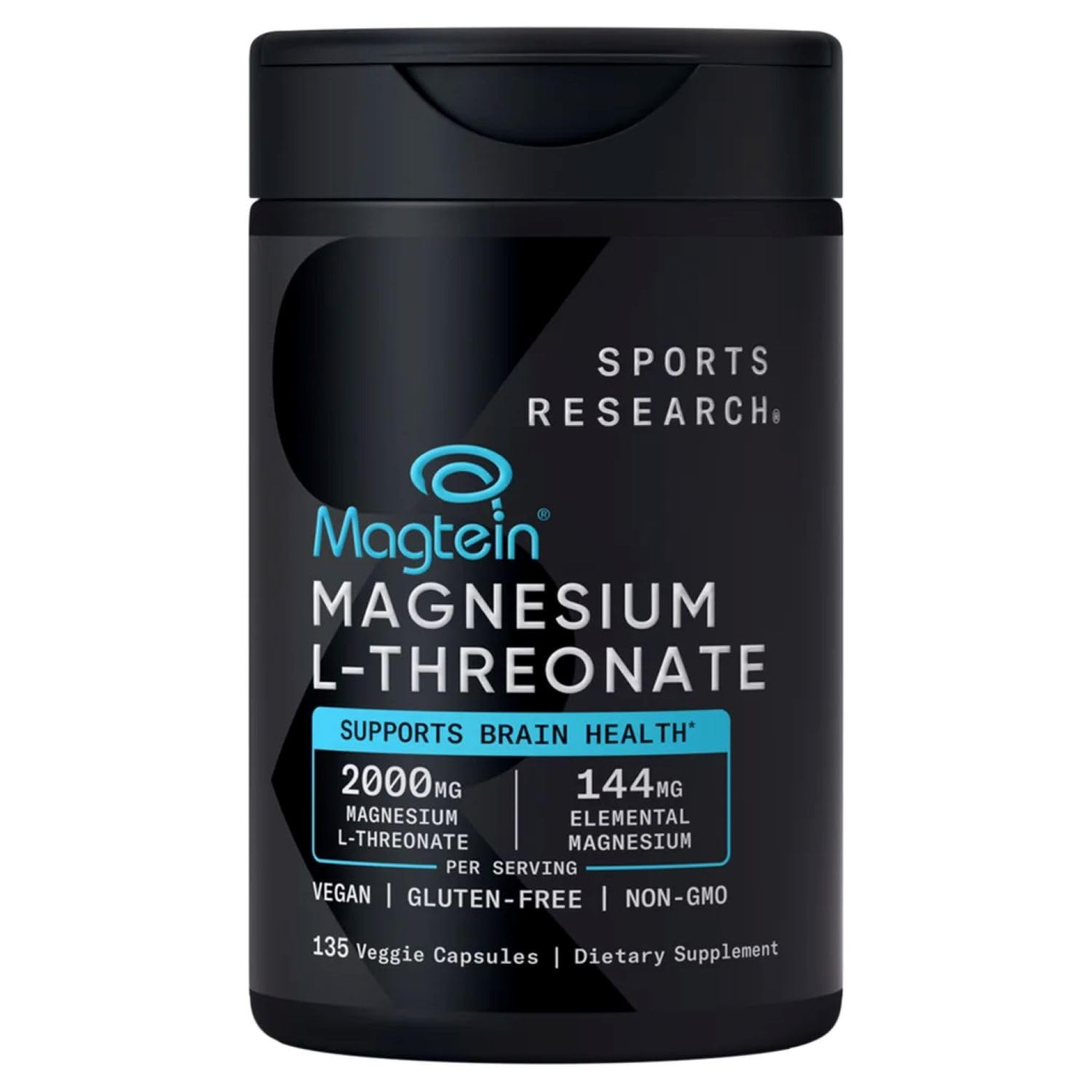 SPORTS RESEARCH Magtein Magnesium L- Threonate Advanced (2000 MG Magnesium L-Threonate 144 MG Elemental Magnesium Per Serving) 135 Veggie CapsulesPlus Bonus 2 Sugar Free White Peach Hydration Sticks - Maple Wellness Supplements