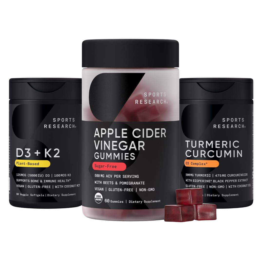 Sports Research® Multivitamins Pack - Organic Apple Cider Vinegar Gummies + Vitamin D 5000iu & Mk7 Vitamin K 100mcg + Turmeric Curcumin C3 Complex - Maple Wellness Supplements