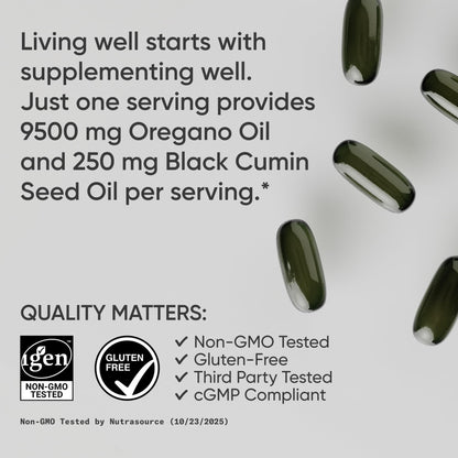 Sports Research® Oil of Oregano 9500mg w/Black Seed Oil & Coconut MCT Oil - Antioxidant Combination Supplement Rich in Thymoquinone & Carvacrol - Gluten Free · Non-GMO - 60 Softgels - Maple Wellness Supplements
