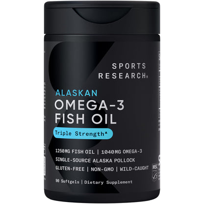 Sports Research® Omega-3 Fish Oil 1250 - Triple Strength Fish Oil Supplement from Wild Alaska Pollock - MSC Certified Sustainable · Non-GMO · Soy Free - 90 Softgel Capsules - Maple Wellness Supplements