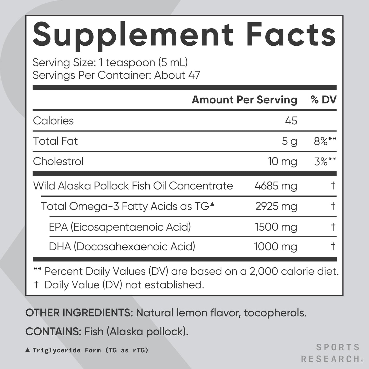 Sports Research® Omega-3 Fish Oil, 8oz Glass Bottle - 4685mg of Wild Caught Alaska Pollock Fish Oil per Serving - Easy-to-Take Liquid · Lemon Flavor · Non-GMO · MSC Certified Sustainable - 48 Servings - Maple Wellness Supplements