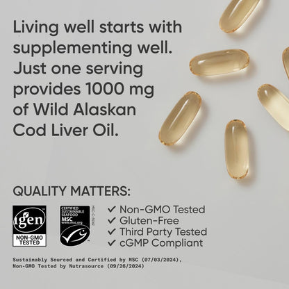 Sports Research® Omega-3 Wild Alaskan Cod Liver Oil 1000mg with Vitamins A (1000 IU) & D3 (400 IU) - Burpless, Bovine Free, Non-GMO, & MSC Certified Sustainable - 120 Softgels - Maple Wellness Supplements