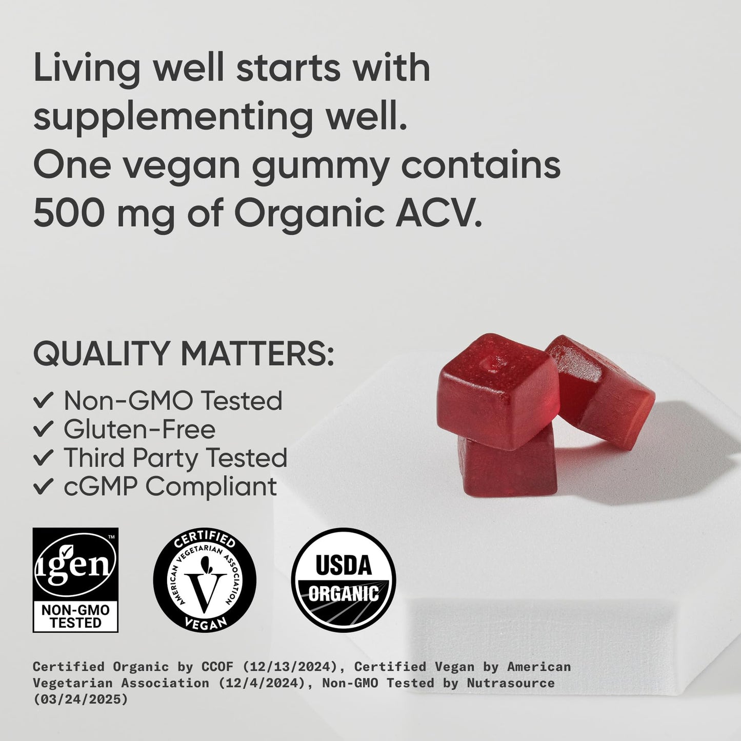 Sports Research Organic Apple Cider Vinegar Gummies - for Diet Cleanses & Digestion | 500mg | Non-GMO Tested, Certified Vegan, Gluten Free ACV - 60 Gummies for Adults, 1 Month Supply - Maple Wellness Supplements