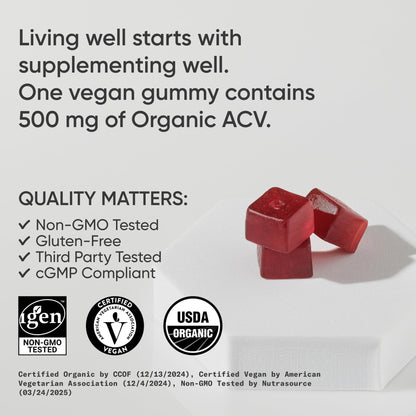 Sports Research Organic Apple Cider Vinegar Gummies - for Diet Cleanses & Digestion | 500mg | Non-GMO Tested, Certified Vegan, Gluten Free ACV - 60 Gummies for Adults, 1 Month Supply - Maple Wellness Supplements