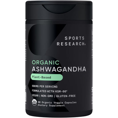 Sports Research® Organic Ashwagandha – Adaptogen for Relaxation, Calm & Sleep Support – Made with Organic KSM-66® – 600 mg – Non-GMO Verified, Gluten-Free, Certified Vegan – 90 Veggie Capsules - Maple Wellness Supplements