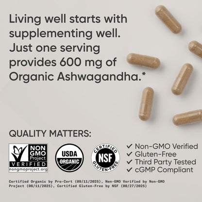 Sports Research® Organic Ashwagandha – Adaptogen for Relaxation, Calm & Sleep Support – Made with Organic KSM-66® – 600 mg – Non-GMO Verified, Gluten-Free, Certified Vegan – 90 Veggie Capsules - Maple Wellness Supplements