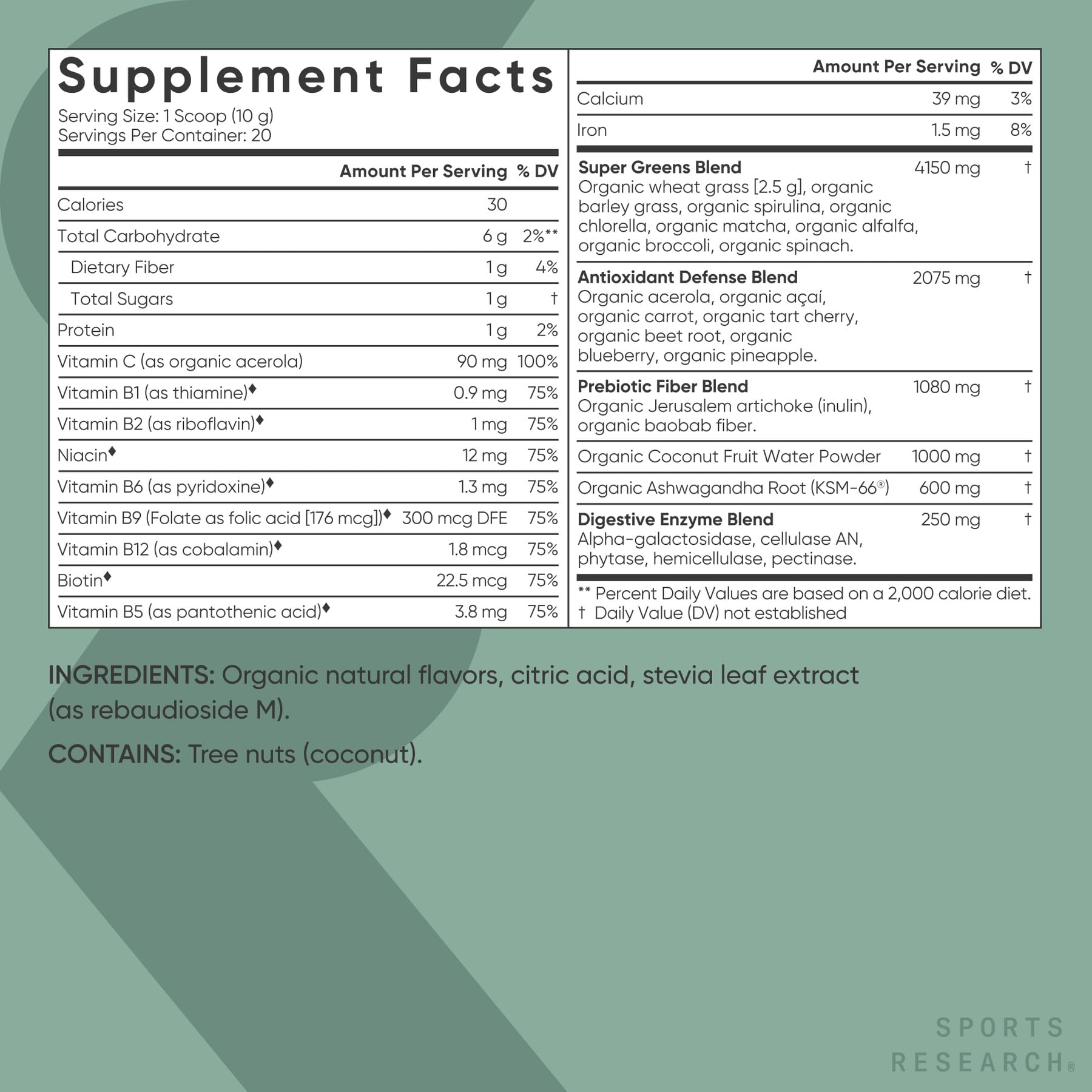Sports Research® Organic Greens Superfood Powder w/Spirulina & Chlorella, Adaptogens, Enzymes, Probiotics & 8 VIT Bs for Gut & Mood Support* - Vegan, Sugar-Free & Low-Cal Original 20 Servings - Maple Wellness Supplements