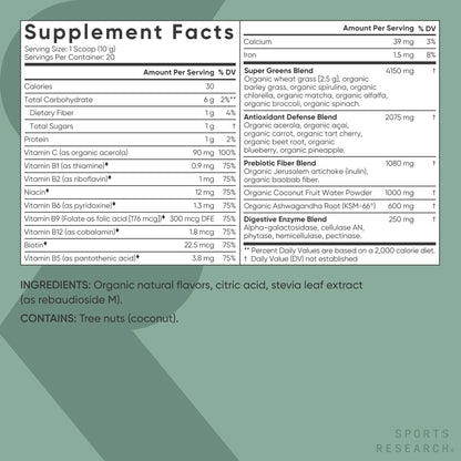 Sports Research® Organic Greens Superfood Powder w/Spirulina & Chlorella, Adaptogens, Enzymes, Probiotics & 8 VIT Bs for Gut & Mood Support* - Vegan, Sugar-Free & Low-Cal Original 20 Servings - Maple Wellness Supplements