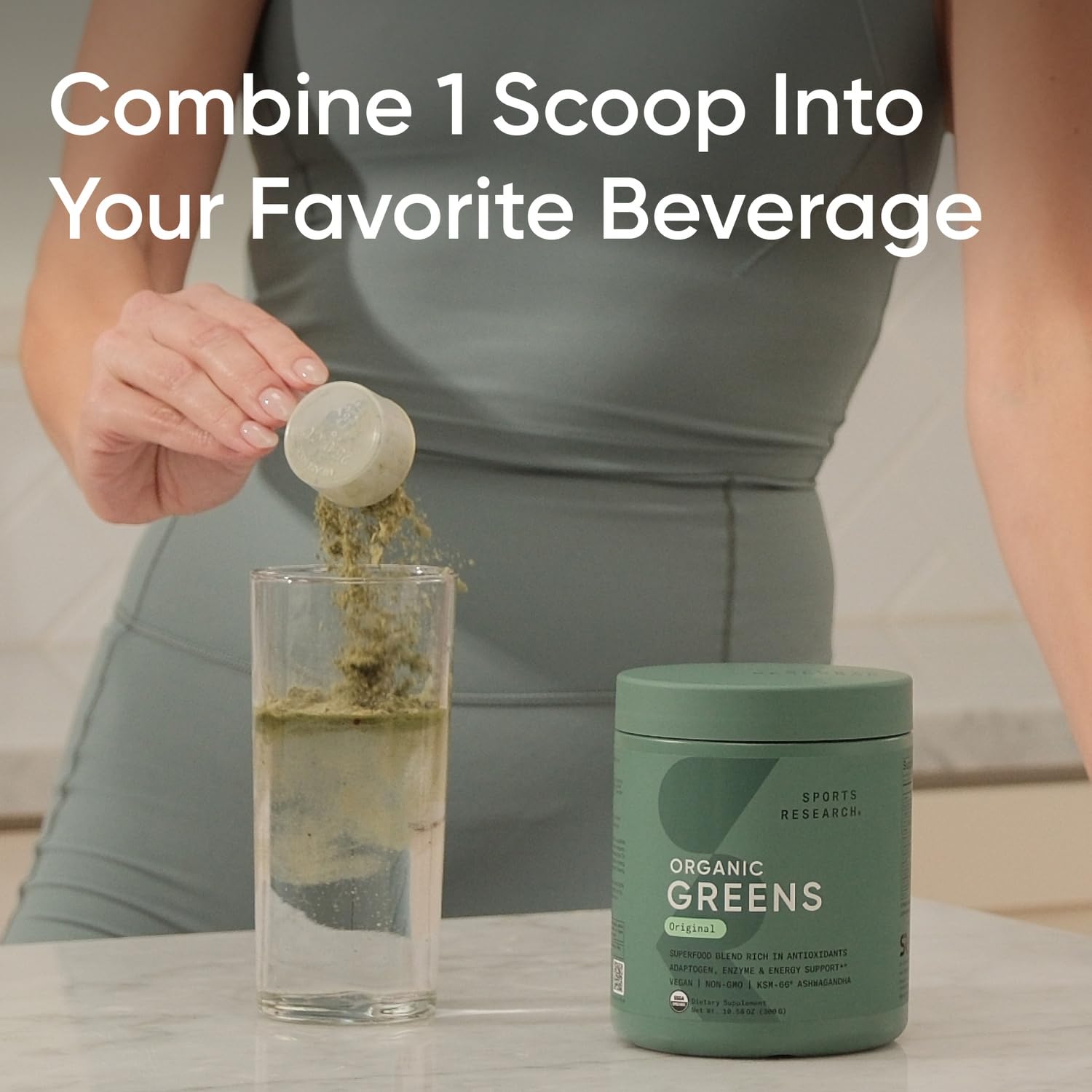 Sports Research® Organic Greens Superfood Powder w/Spirulina & Chlorella, Adaptogens, Enzymes, Probiotics & 8 VIT Bs for Gut & Mood Support* - Vegan, Sugar-Free & Low-Cal Original 30 Servings - Maple Wellness Supplements