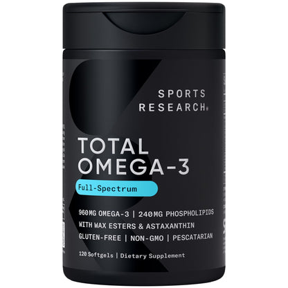 Sports Research® Total Omega-3 Fish Oil 2200mg - Made from Antarctic Krill w/Astaxanthin, Wild Sockeye Salmon & Alaska Pollock - 960mg of EPA & DHA - 120 Softgels - Maple Wellness Supplements