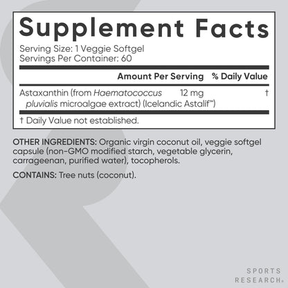 Sports Research Triple Strength Vegan Astaxanthin Supplement from Algae - Plant Based Softgels for Antioxidant Activity, Skin & Eye Health - Non-GMO Verified, Made with Coconut Oil - 12mg, 60 Count - Maple Wellness Supplements