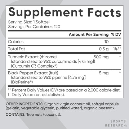 Sports Research® Turmeric Curcumin C3 Complex® w/BioPerine Black Pepper Extract & Organic Coconut Oil - Standardized 95% Curcuminoids · Non-GMO · Gluten Free - 120 Count Softgels - Maple Wellness Supplements