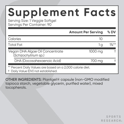 Sports Research® Vegan DHA 700mg - Cognitive Support, Brain Support, Supplement with Omega-3 DHA from Algae Oil - Vegan Certified · Non-GMO · Gluten Free - 90 Count Softgels - Maple Wellness Supplements
