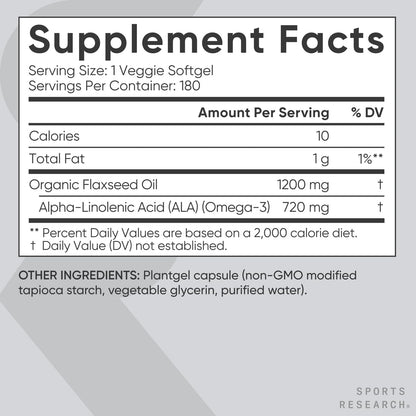 Sports Research® Vegan Flaxseed Oil (1200mg) Herbal Supplement with Plant-Based ALA Omega 3 - Vegan Certified & Non-GMO Verified - Gluten, Soy & Carrageenan Free (180 Veggie Softgels) - Maple Wellness Supplements