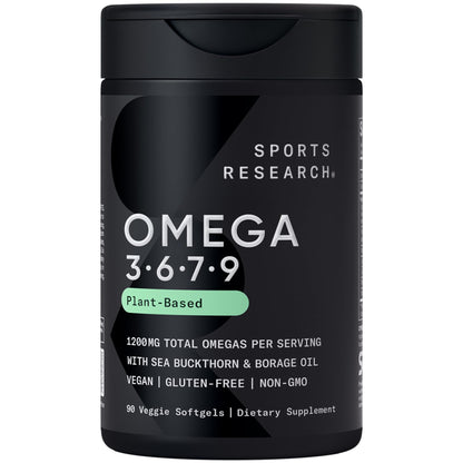 Sports Research® Vegan Omega 3-6-7-9 - 1200 mg of Multi-Spectrum Omega Fatty Acids Certified Non-GMO Formula with Sea Buckthorn & Borage Oil - 90 Veggie Softgels - Maple Wellness Supplements