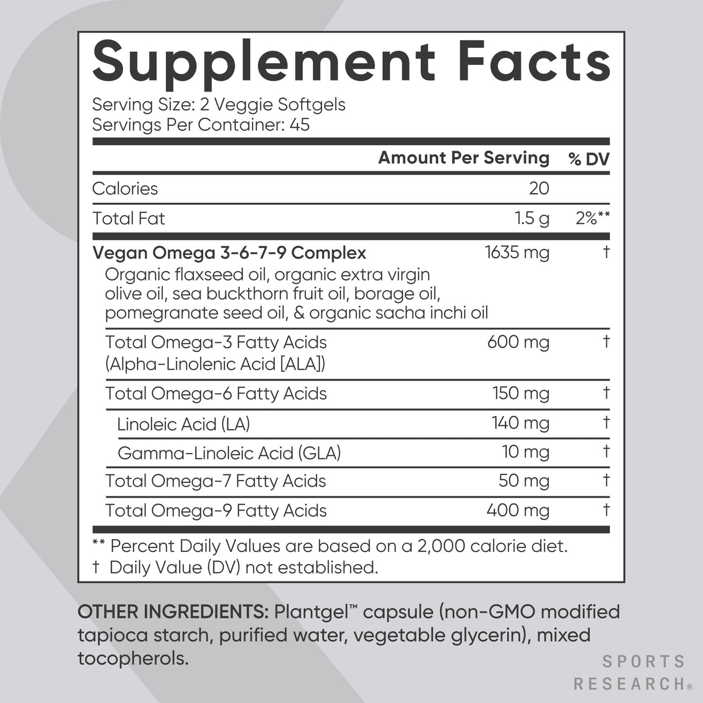 Sports Research® Vegan Omega 3-6-7-9 - 1200 mg of Multi-Spectrum Omega Fatty Acids Certified Non-GMO Formula with Sea Buckthorn & Borage Oil - 90 Veggie Softgels - Maple Wellness Supplements