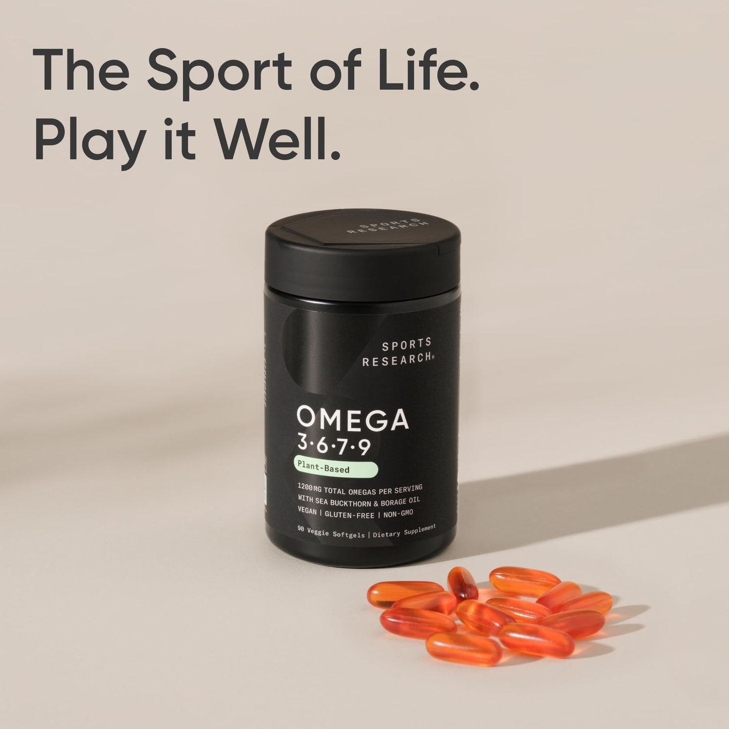 Sports Research® Vegan Omega 3-6-7-9 - 1200 mg of Multi-Spectrum Omega Fatty Acids Certified Non-GMO Formula with Sea Buckthorn & Borage Oil - 90 Veggie Softgels - Maple Wellness Supplements