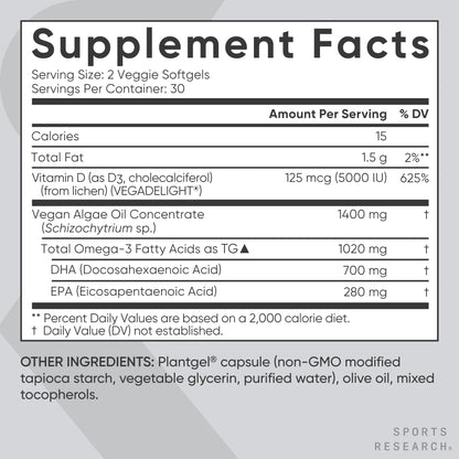 Sports Research Vegan Omega-3 with Vitamin D3 Softgels - 1020mg Omega-3 & 5000iu D3 Supplement - Fish Oil Alternative with Vitamin D Plant-Based Support from Algae Oil - 60 Veggie Softgels for Adults - Maple Wellness Supplements