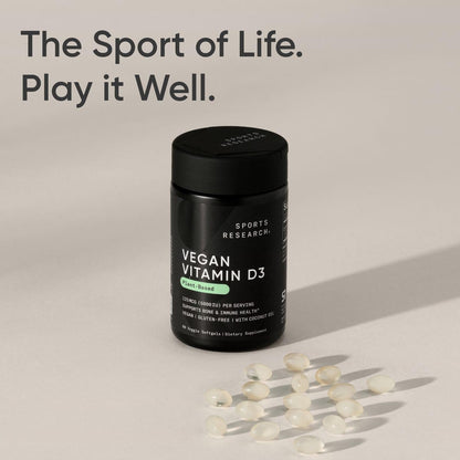 Sports Research Vegan Vitamin D3 5000IU (125 mcg) with Coconut Oil | 100% Plant-Based Vitamin D for Bone, Joint & Immune Support | Carrageenan Free, Vegan Certified & Non-GMO Verified (60 Softgels) - Maple Wellness Supplements