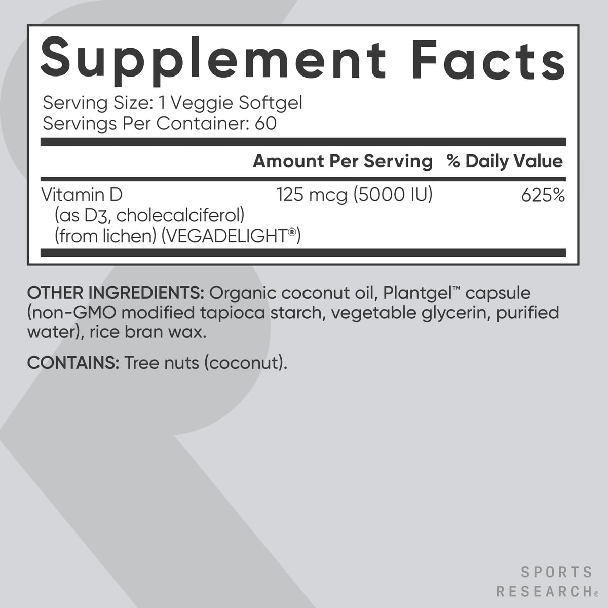 Sports Research Vegan Vitamin D3 5000IU (125 mcg) with Coconut Oil | 100% Plant-Based Vitamin D for Bone, Joint & Immune Support | Carrageenan Free, Vegan Certified & Non-GMO Verified (60 Softgels) - Maple Wellness Supplements