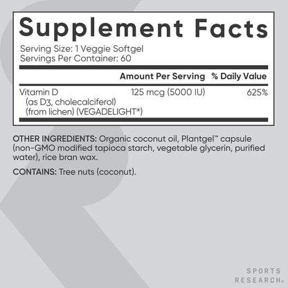 Sports Research Vegan Vitamin D3 5000IU (125 mcg) with Coconut Oil | 100% Plant-Based Vitamin D for Bone, Joint & Immune Support | Carrageenan Free, Vegan Certified & Non-GMO Verified (60 Softgels) - Maple Wellness Supplements