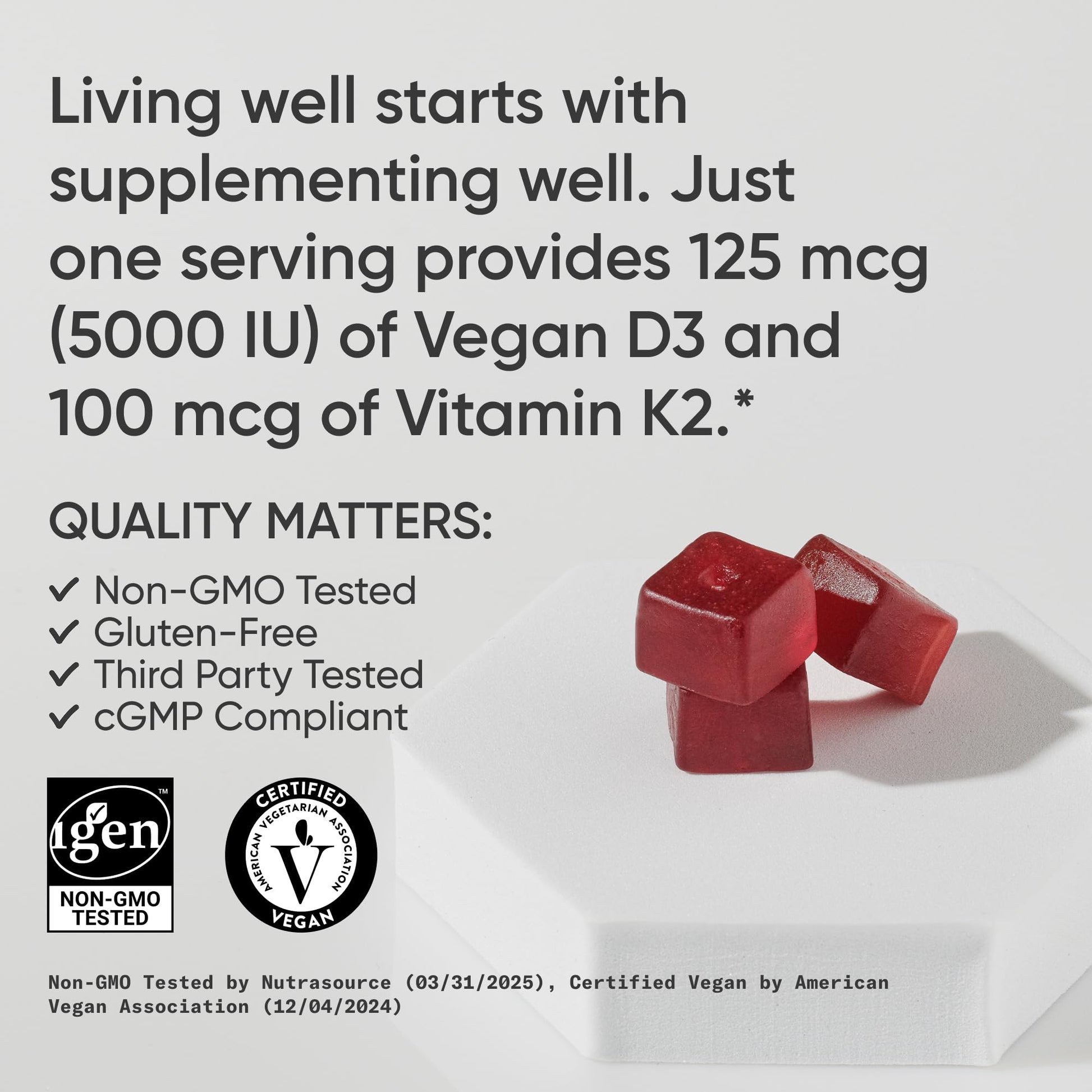 Sports Research® Vegan Vitamin D3 + K2 Sugar-Free Gummies - 125mcg (5000iu) Vitamin D w/ 100mcg Mk7 Vitamin K - Supports Bone & Immune Health - Maple Wellness Supplements