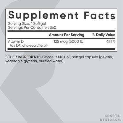 Sports Research Vitamin D3 5000 IU with Coconut MCT Oil - High Potency Vitamin D Supplement for Immune & Bone Support - Non-GMO Verified, Gluten & Soy Free – 125mcg, 360 Liquid Softgels - Maple Wellness Supplements