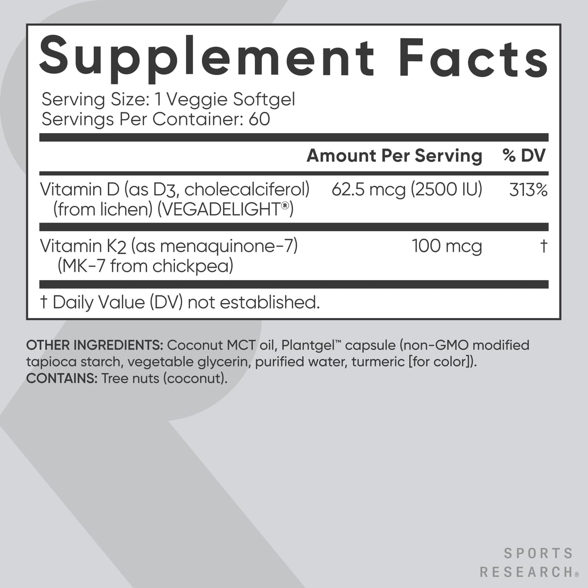 Sports Research® Vitamin D3 + K2 w/Coconut Oil - Vegan Vitamin D 2500iu (62.5mcg) & Mk7 Vitamin K 100mcg for Bone & Immune Support - Vegan Certified - Maple Wellness Supplements