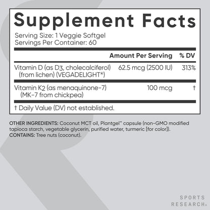 Sports Research® Vitamin D3 + K2 w/Coconut Oil - Vegan Vitamin D 2500iu (62.5mcg) & Mk7 Vitamin K 100mcg for Bone & Immune Support - Vegan Certified - Maple Wellness Supplements