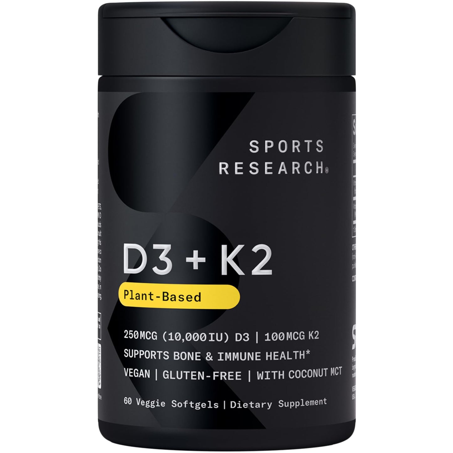 Sports Research® Vitamin D3 + K2 with 10,000iu of Plant-Based D3 & 100mcg of Vitamin K2 as MK-7 | Non-GMO Verified & Vegan Certified 60ct - Maple Wellness Supplements