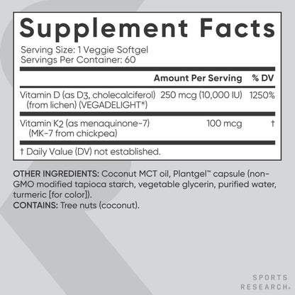 Sports Research® Vitamin D3 + K2 with 10,000iu of Plant-Based D3 & 100mcg of Vitamin K2 as MK-7 | Non-GMO Verified & Vegan Certified 60ct - Maple Wellness Supplements